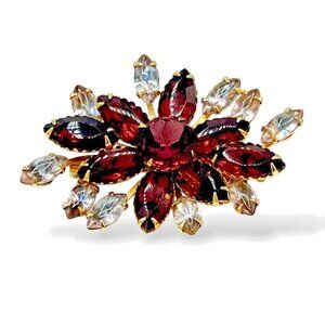 Vintage 1950s Gold Tone Flower Brooch Purple Navette Clear Stones Rivet Set